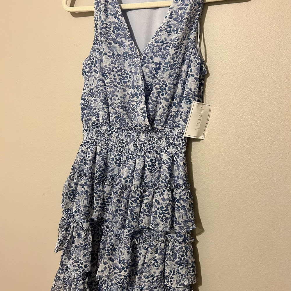 1.STATE Blue White Floral Tiered Ruffle Dress XS Sleeveless NWT
